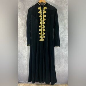 Vintage David Brown California Maxi Dress Women XS Black Velvet Gold Trim Collar